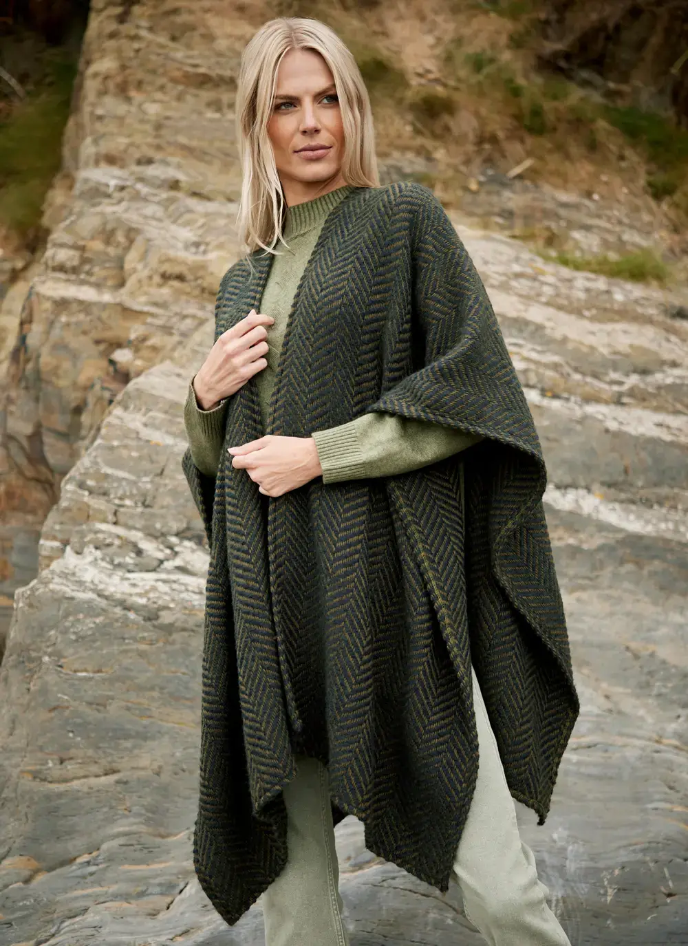 Ruana Herringbone Wool Cape in Olive Sage